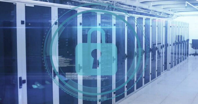 Image of cyber security text, scanner with padlock icon and data processing over server room