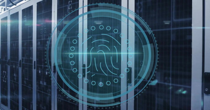 Image of cyber security text and biometric fingerprint scanner over server room