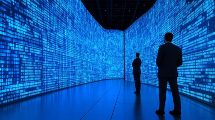 Business professionals observing digital data visualization on large screens in a modern office environment, symbolizing technology and innovation in the corporate world.