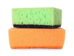 Two colorful sponges isolated on white. Cleaning supply
