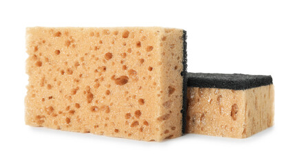 Two soft sponges isolated on white. Cleaning supply