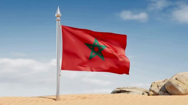 3D Render of Moroccan Flag in Desert Landscape with Metallic Spearhead Flagpole