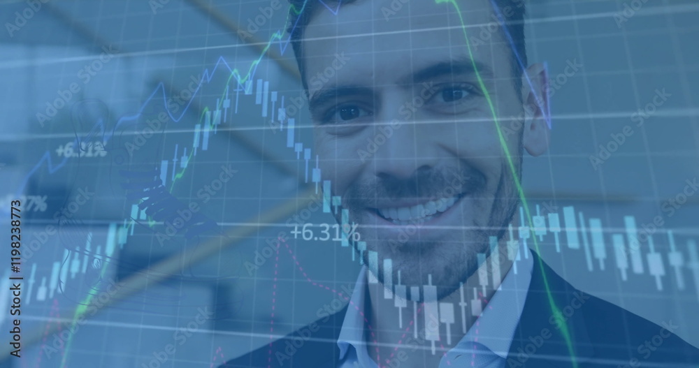 Poster image of chart and data processing over happy caucasian bsuinessman using smartphone