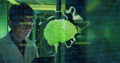 Image of human brain, binary coding over it male engineer by computer servers