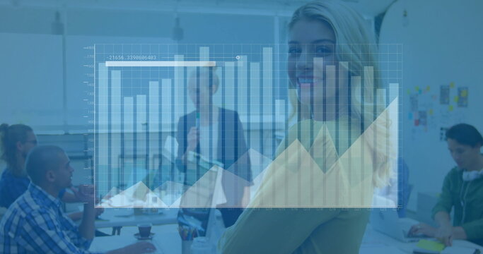 Image of graph processing data over diverse colleagues at casual office meeting