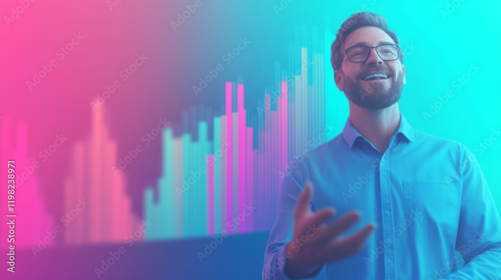Poster professional man in glasses presenting data insights in front of a colorful digital graph background
