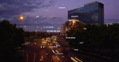 Image of network of connections with data processing over cityscape