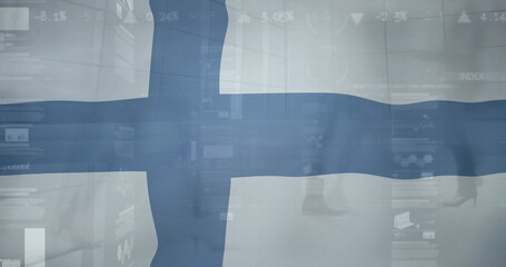 Image of financial data processing over flag of finland