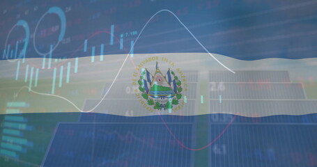 Image of financial data processing over flag of nicaragua