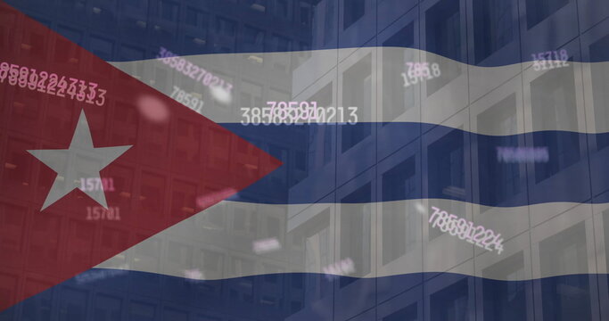 Image of financial data processing over flag of cuba