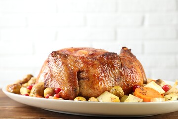 Delicious baked turkey, vegetables and cranberries on wooden table against white brick wall, closeup