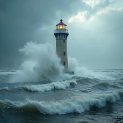 Obraz premium Lighthouse enduring a powerful storm waves crashing against its base A beacon of hope amidst the turbulent sea
