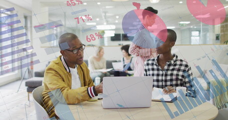 Image of data processing and diagrams over diverse colleagues discussing work and using laptop