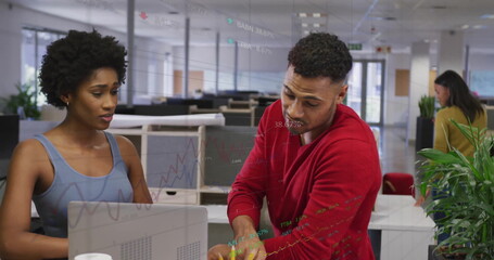 Image of data processing and diagrams over diverse colleagues discussing work