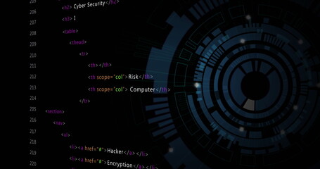 Image of data processing over blue circular scanner on black background