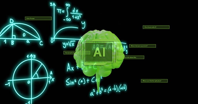 Mathematical equations and graphs over green brain image, representing artificial intelligence