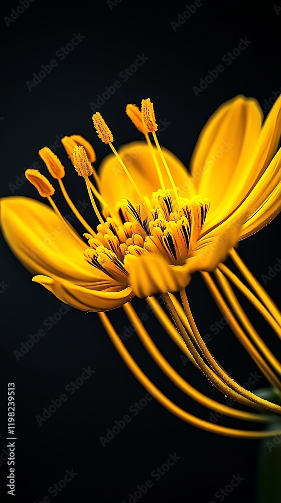 Poster macro shot of yellow flower in bloom with contrasting petals and black background : generative ai