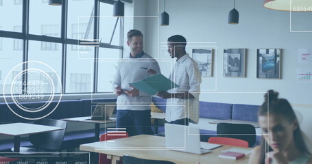 Image of financial data processing over diverse business people in office