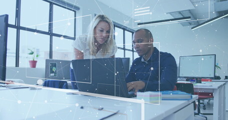 Image of financial data processing over diverse business people in office