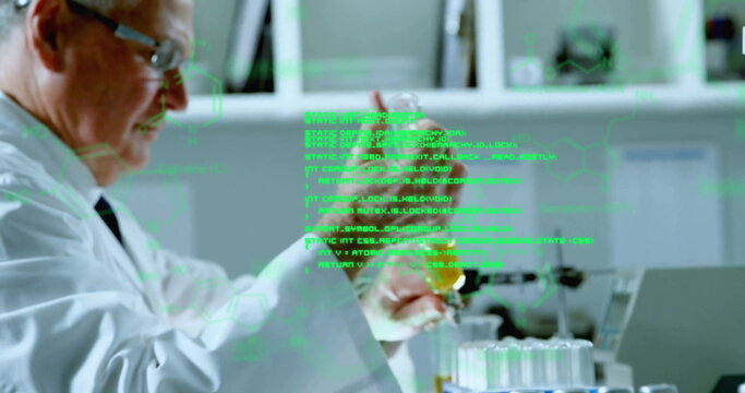 Image of data processing and chemical formula over caucasian male scientist taking sample