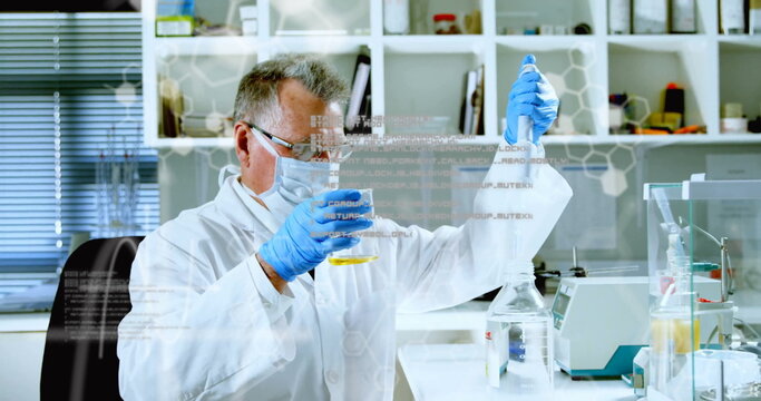 Image of data processing and chemical formula over caucasian male scientist taking sample