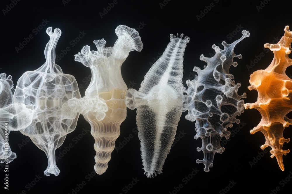 Poster sequence of evolving bacteria showcasing diverse forms and structures under a dark background. gener