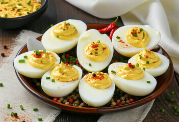 A presentation of heart-shaped deviled eggs, enhanced with green herbs and spices, served on a decorative dish, highlighting delicious and creative culinary art for festive and social celebrations.

