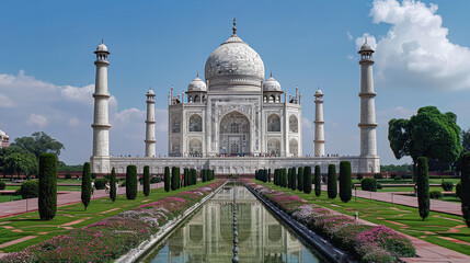 The Taj Mahal is a beautiful white building with a large dome. The building is surrounded by a garden with many flowers and trees. The sky is clear and blue, and the sun is shining brightly