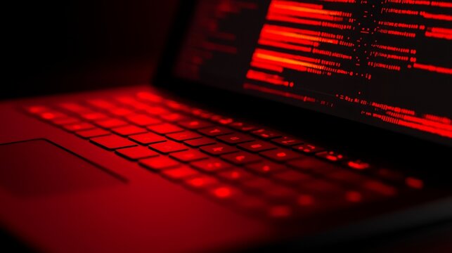Abstract View of a Laptop Keyboard Illuminated by Red Light with Digital Code Patterns Showcasing Cybersecurity and Technology Themes in a Dark Environment