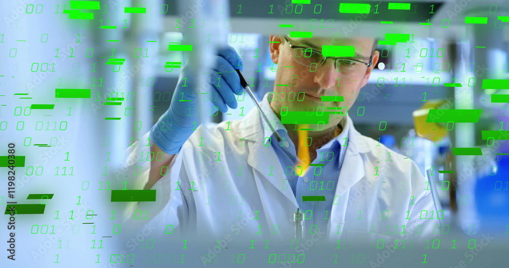 Aufkleber image of binary coding and shapes over caucasian male scientist doing experiment in lab