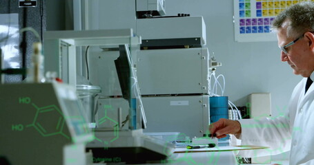 Image of data processing and chemical formula over caucasian male scientist using computer