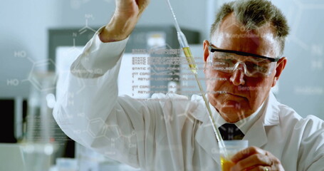 Image of data processing and chemical formula over caucasian male scientist taking sample