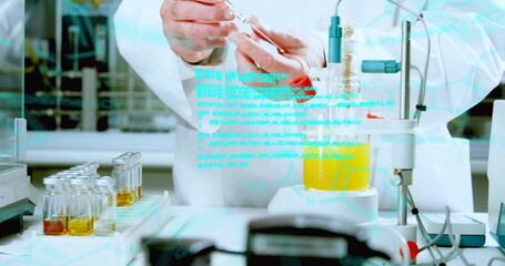 Image of data processing and chemical formula over caucasian male scientist taking sample