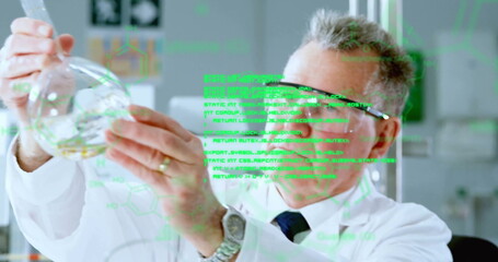 Image of data processing and chemical formula over caucasian male scientist holding vial