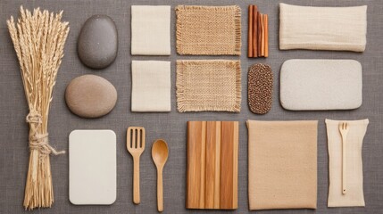 Natural and Organic Kitchen Elements Arrangement with Textures, Stones, Utensils, and Fabrics for Rustic Decor Inspiration and Sustainable Living Concepts