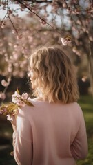 Naklejka premium A young Caucasian woman with wavy blonde hair stands in a blooming garden, holding cherry blossoms, radiating serenity and the beauty of spring.