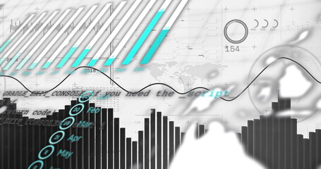 Financial data and bar chart image over world map and graphs