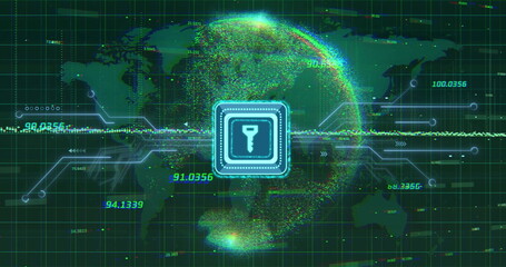 Digital key icon and data encryption image over world map and globe