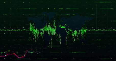Financial data and stock market trends image over world map background