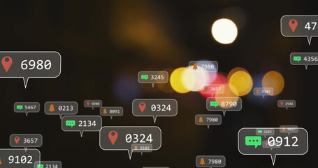Social media notifications and location pins image over blurred city lights background