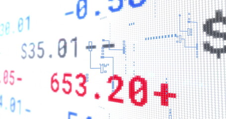 Stock market numbers and data processing image over digital grid background