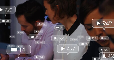 Social media notifications image over diverse people working in office