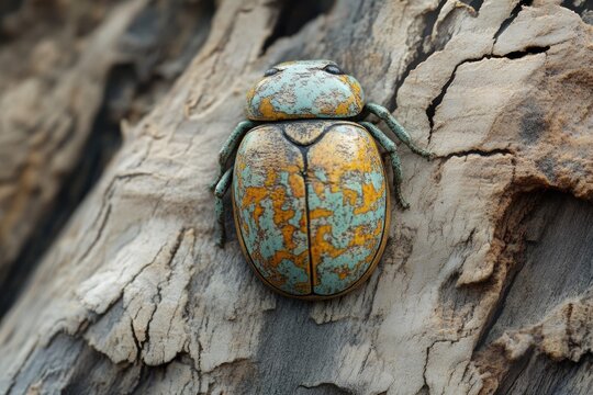 A vibrant, jewel-toned beetle with a weathered, teal and gold carapace rests on textured bark.