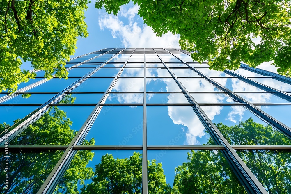 Poster Skyscraper Reflecting Trees and Sky in Urban Environment Modern Architecture : Generative AI