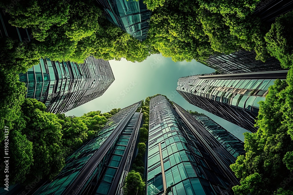 Poster tall skyscrapers with verdant foliage creating urban green spaces : generative ai