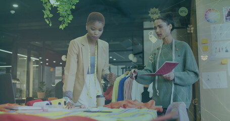 Image of network of connections over diverse colleagues discussing work in office