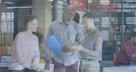 Image of financial data processing over diverse colleagues having meeting in office