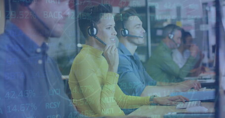 Image of financial data processing over diverse colleagues using phone headsets in office