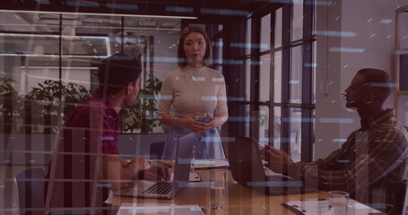 Image of financial data processing over diverse colleagues having meeting in office