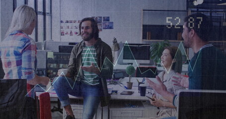 Image of financial data processing over diverse colleagues having meeting in office